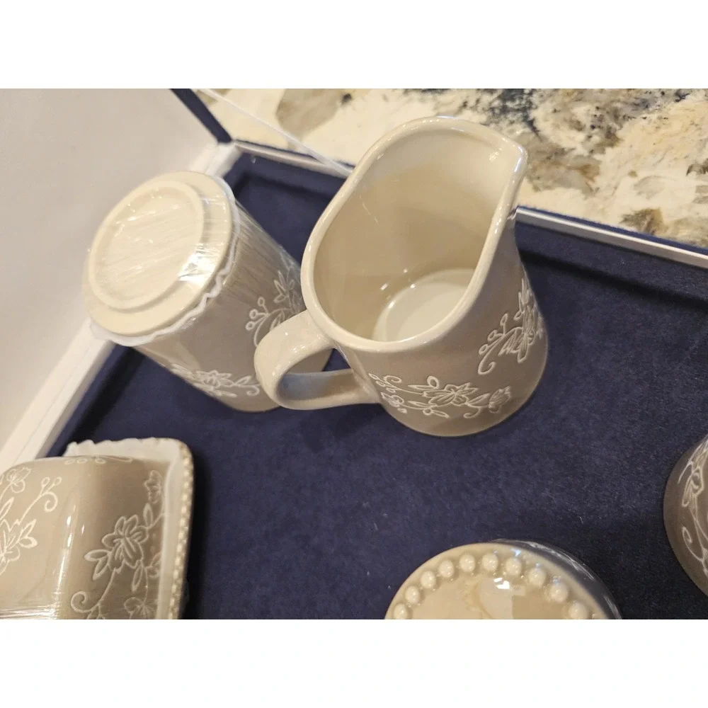 Temp-tations Butter Dish, Sugar, Creamer, Salt, Pepper Shaker Spoon Rest Taupe
